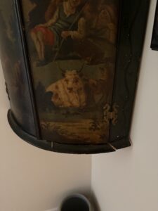 European Painted Cabinet before repair European Painted Cabinet before repair